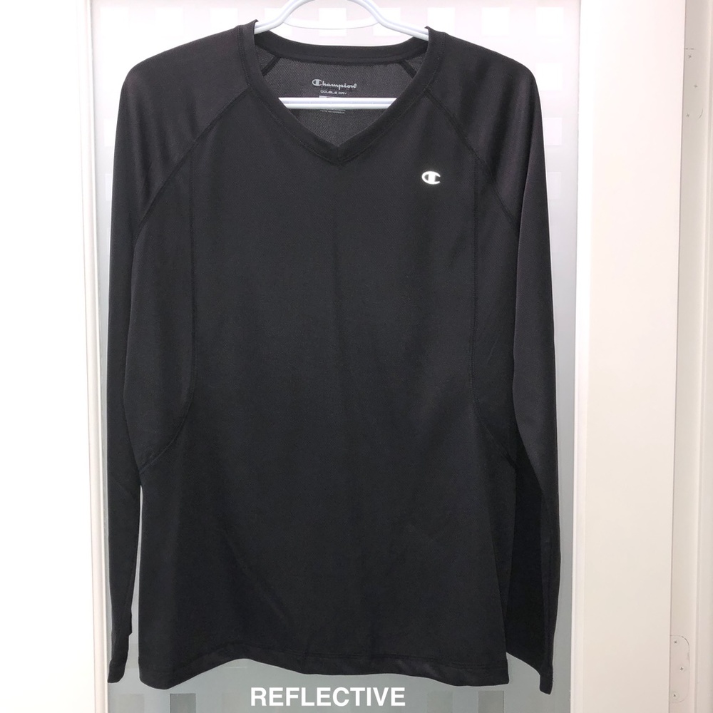 CHAMPION Double Dry Reflective V Neck Long Sleeve Tagless Athletic Top NEW!
